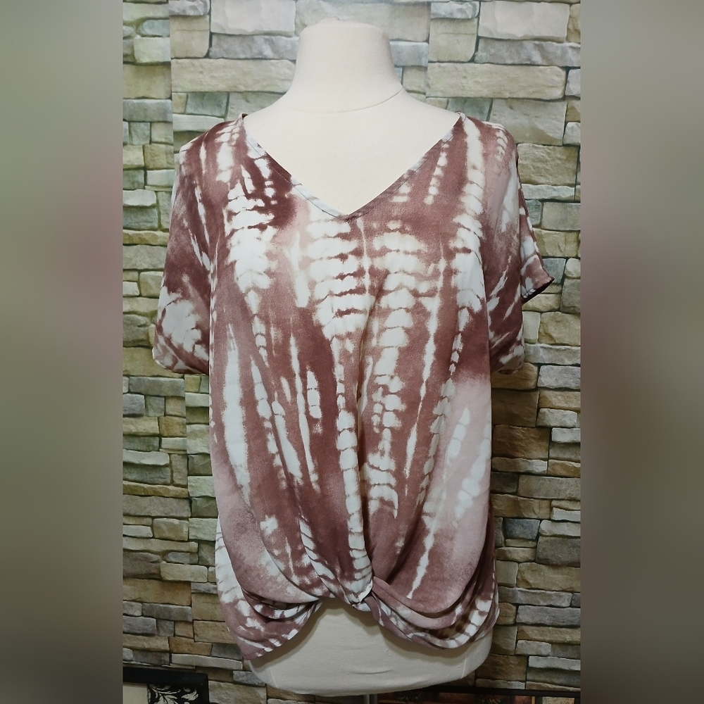 West Kei Large Mauve White Tie Dye Blouse Crop Twist Front